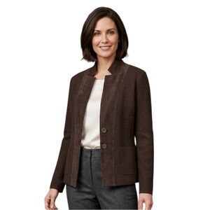 Eileen Fisher Merino Wool & Lamb Suede Trim Jacket Brown Blazer Extra Small XS
